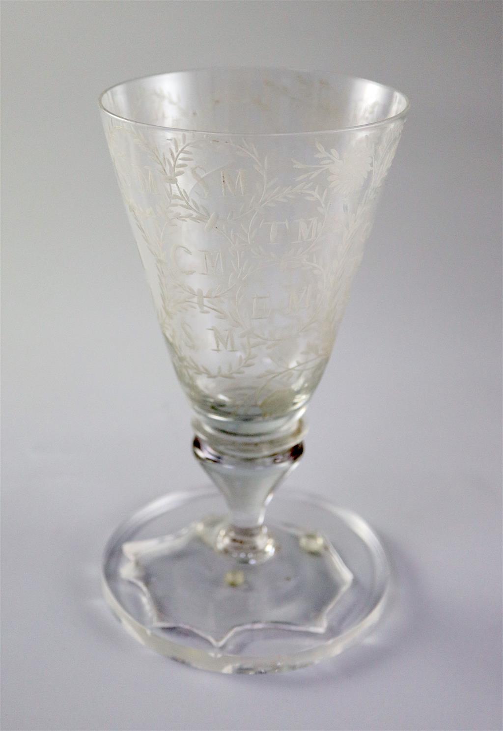 A rare documentary Irish wheel engraved lead glass goblet, dated 1697, with a Victorian fitted rosewood & pewter inlaid box